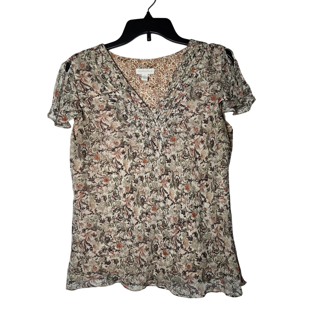 Charter Club Silk Floral V Neck Short Sleeve Top 12 Feminine Boho Cottage Summer